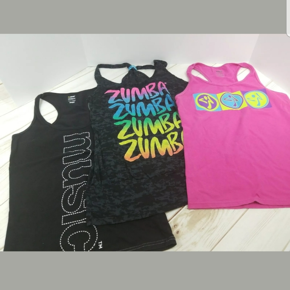 2 Zumba tank tops and 1 raceback mesh tank